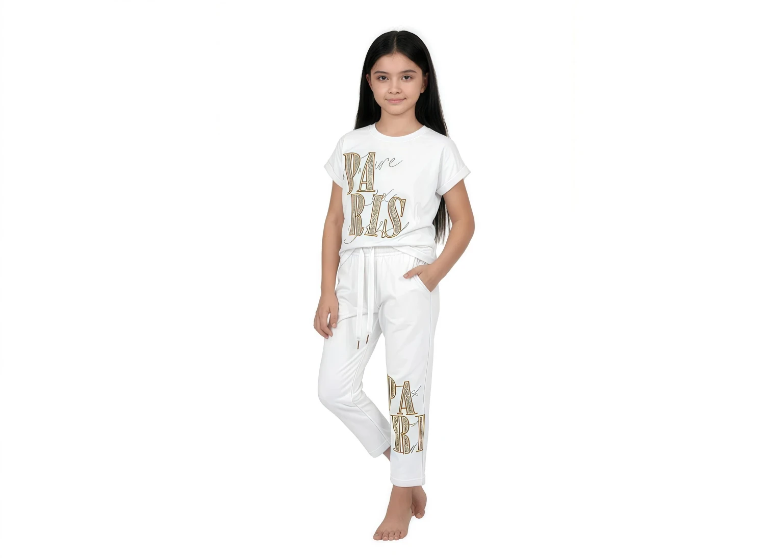 Girls' Gold "PARIS" Graphic Loungewear Set - White