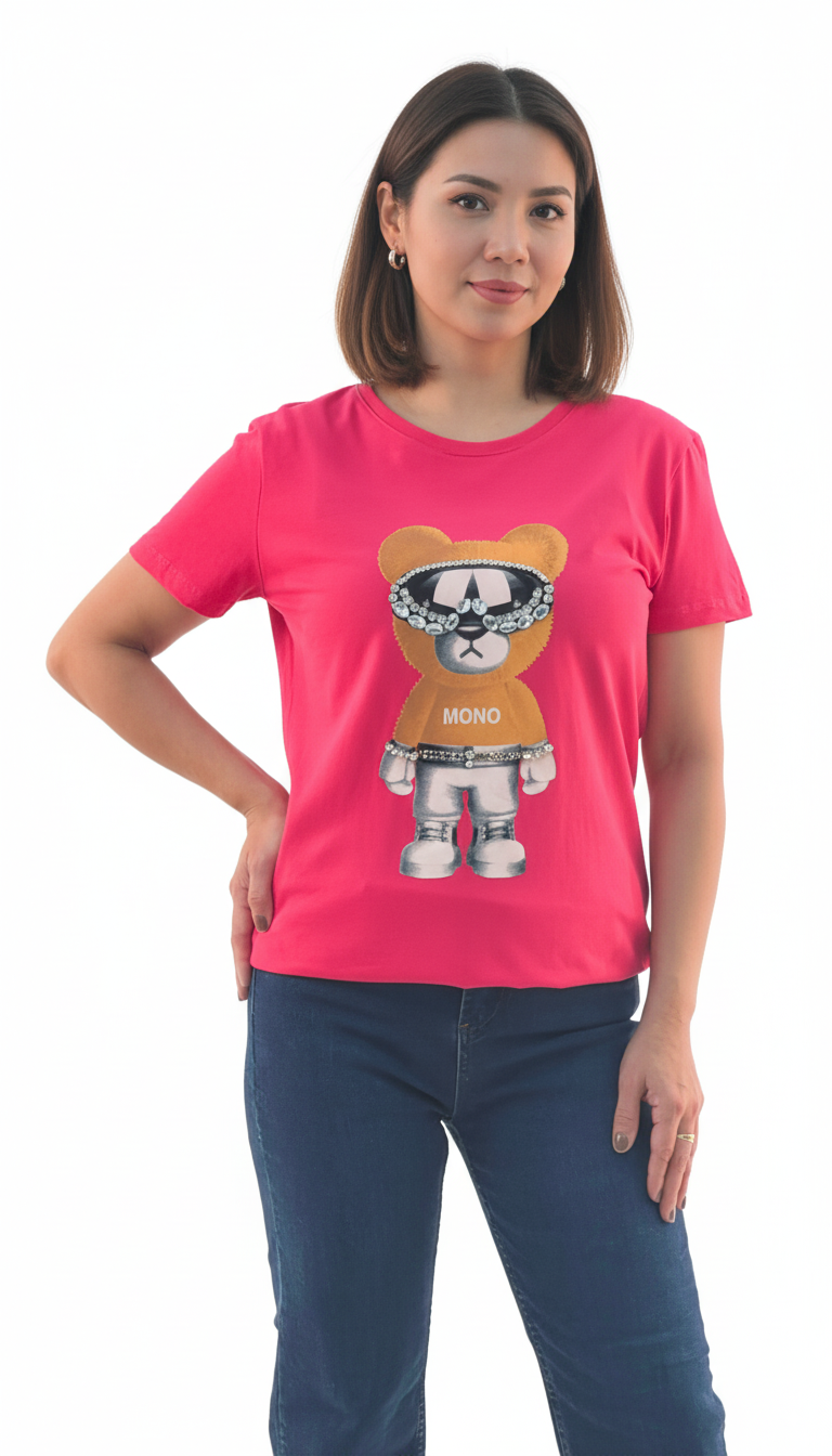 Women's Mono Bear Print Round Neck Short Sleeve T-Shirt - Pink