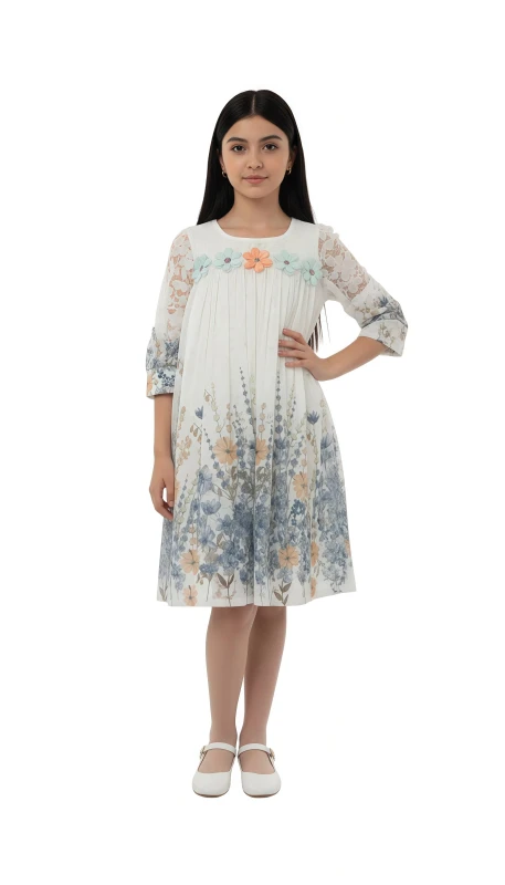 Girls' Floral Appliqué Dress - Blue