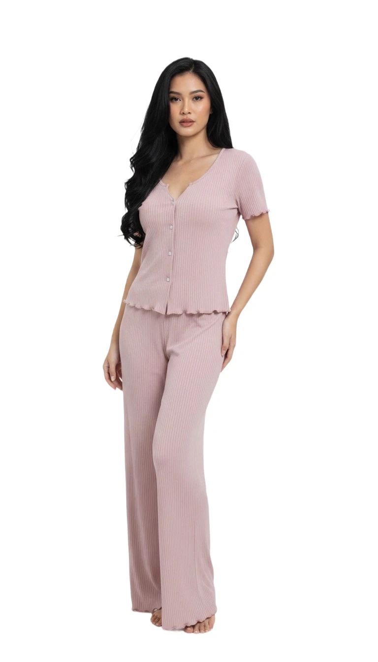 Women's Ribbed Knit Pajama Set - Pink