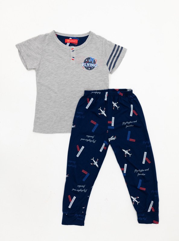 Boys' Airplane Print Pajama Set – Short Sleeve Top & Full-Length Pants - LightSlateGray