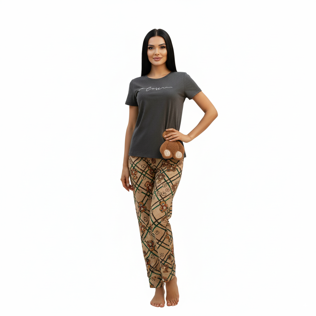Women's Cute Bear Print Pajama Set – 3 Colors - Gray