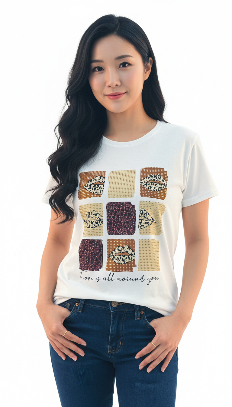 Women's Lips With Love Is All Around You Print Round Neck Short Sleeve T-Shirt - White