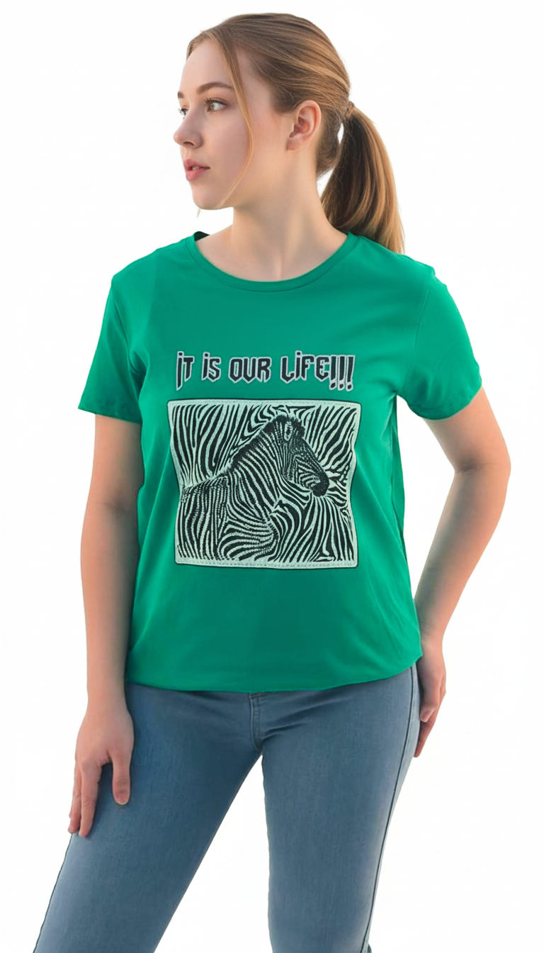 Women's It Is Our Life Quotes with Animal Print Round Neck Short Sleeve T-Shirt - Green