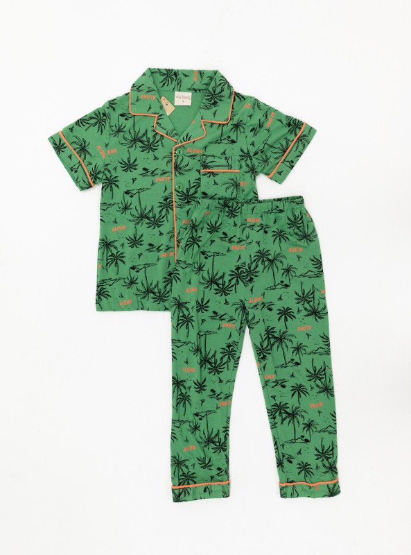 Boys' Aloha Palm Tree Pajama Set – Button-Up Tropical Shirt & Full-Length Pants - Green