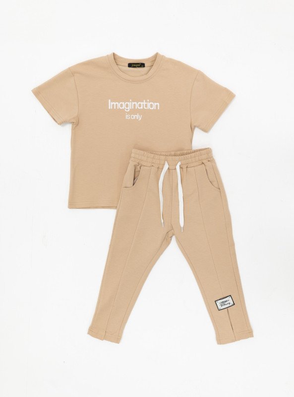 Girls’ Cotton T-Shirt and Jogger Pants Set – “Imagination” Print - LightBrown