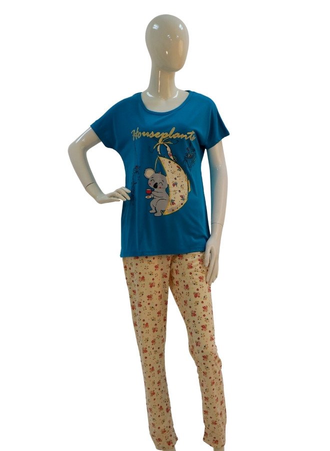 Women’s Cotton Printed Sleepwear Set – Koala “Houseplant” Design - Blue