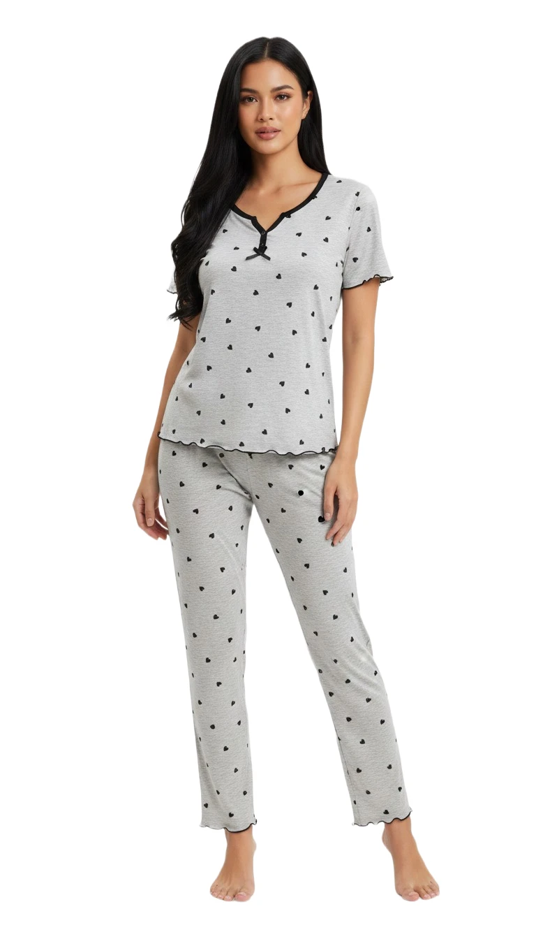 Ladies' Grey Heart Print Short Sleeve Pajama Set - Gray