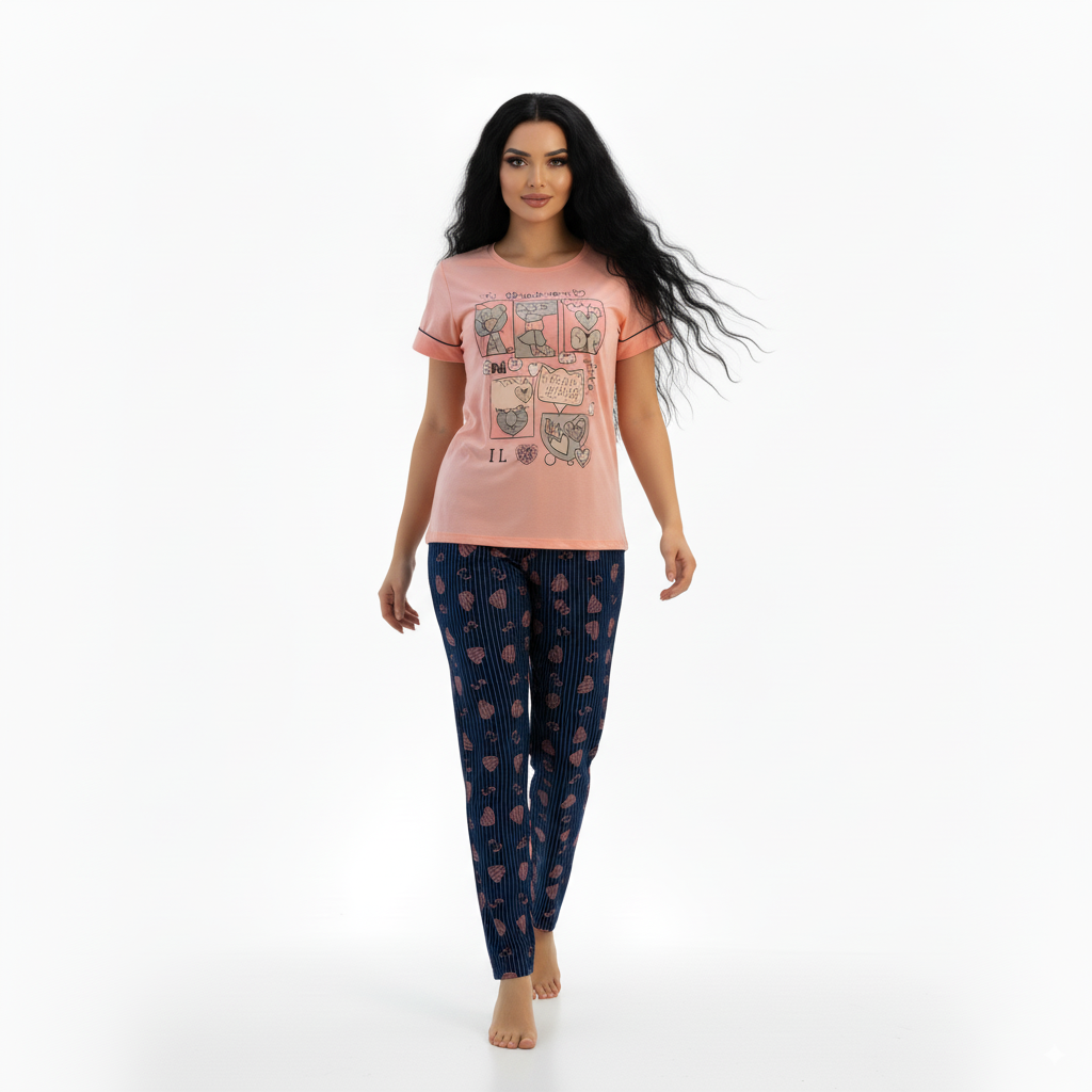 "I Love You" Cute Cartoon Print Women's Cotton Pajama Set - LightPink