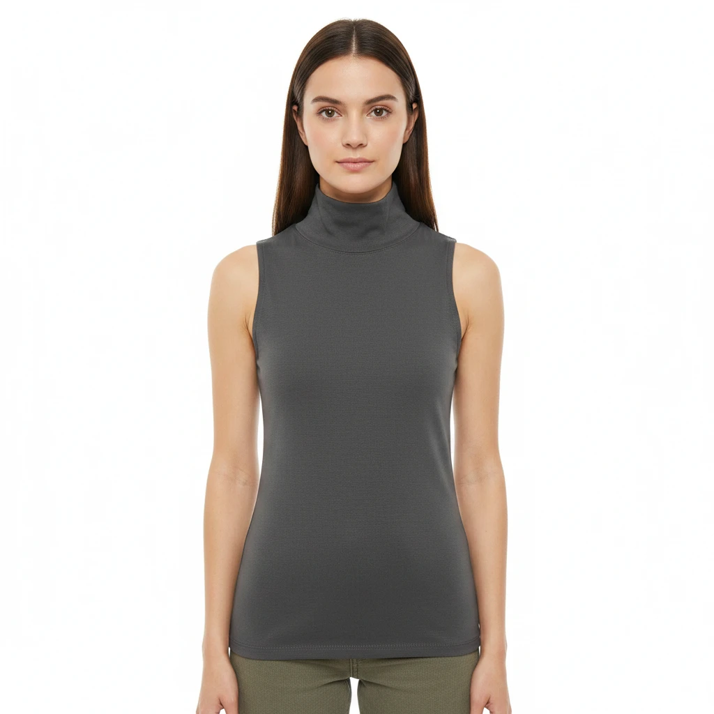 166004 Women's Mock Neck Sleeveless Top – Slim Fit Black Fitted Tank Top - DarkGray