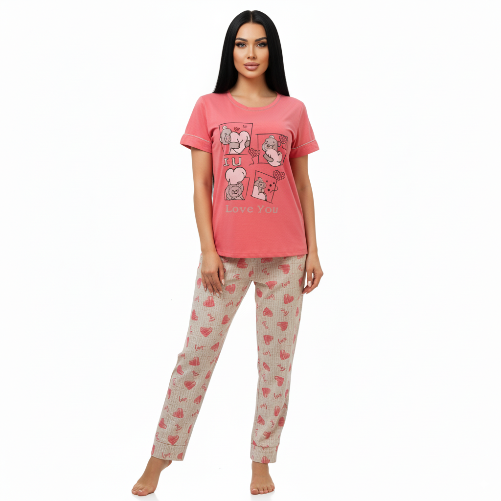"I Love You" Cute Cartoon Print Women's Cotton Pajama Set - Pink
