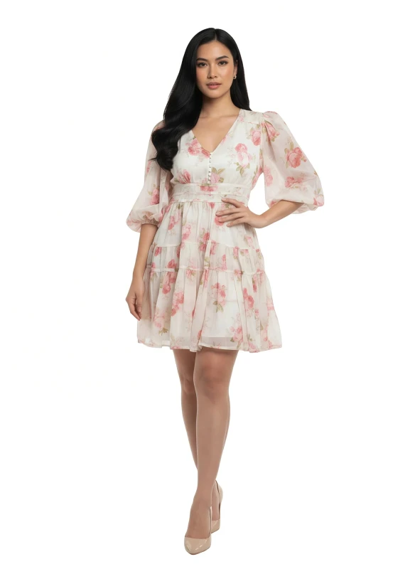 Women Puff Sleeve Rose Print Mini Dress - Beige