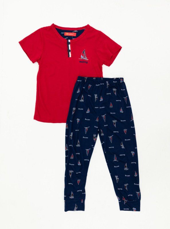 Boys' Sailing Theme Pajama Set – Buttoned Tee & Printed Pants - Red