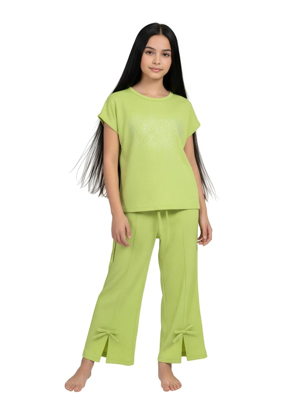 Girls  Ribbed T-Shirt and Split-Hem Lounge Pants Set - PaleGreen