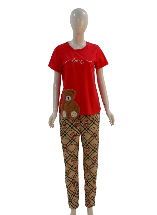 Women's Cute Bear Print Pajama Set – 3 Colors - Red