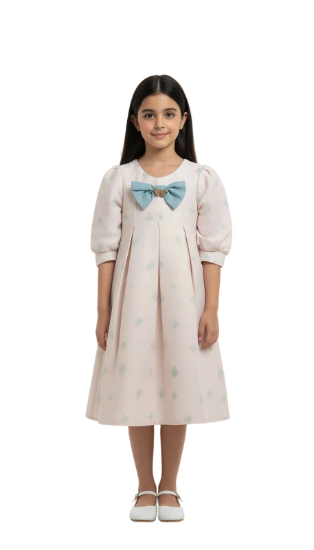 Girl's Blush Bow Embellished Pleated Dress - Pink