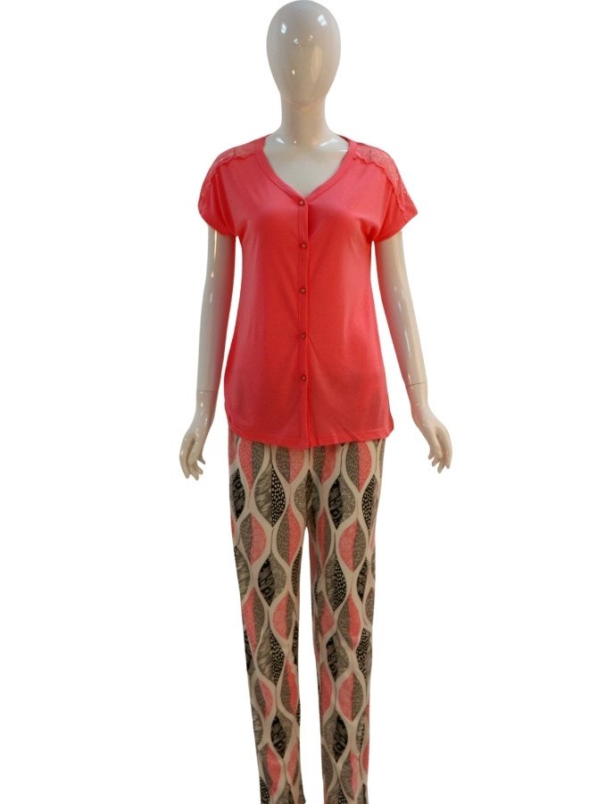 Women’s Printed Pajama Set with Lace Shoulder Detail - Pink