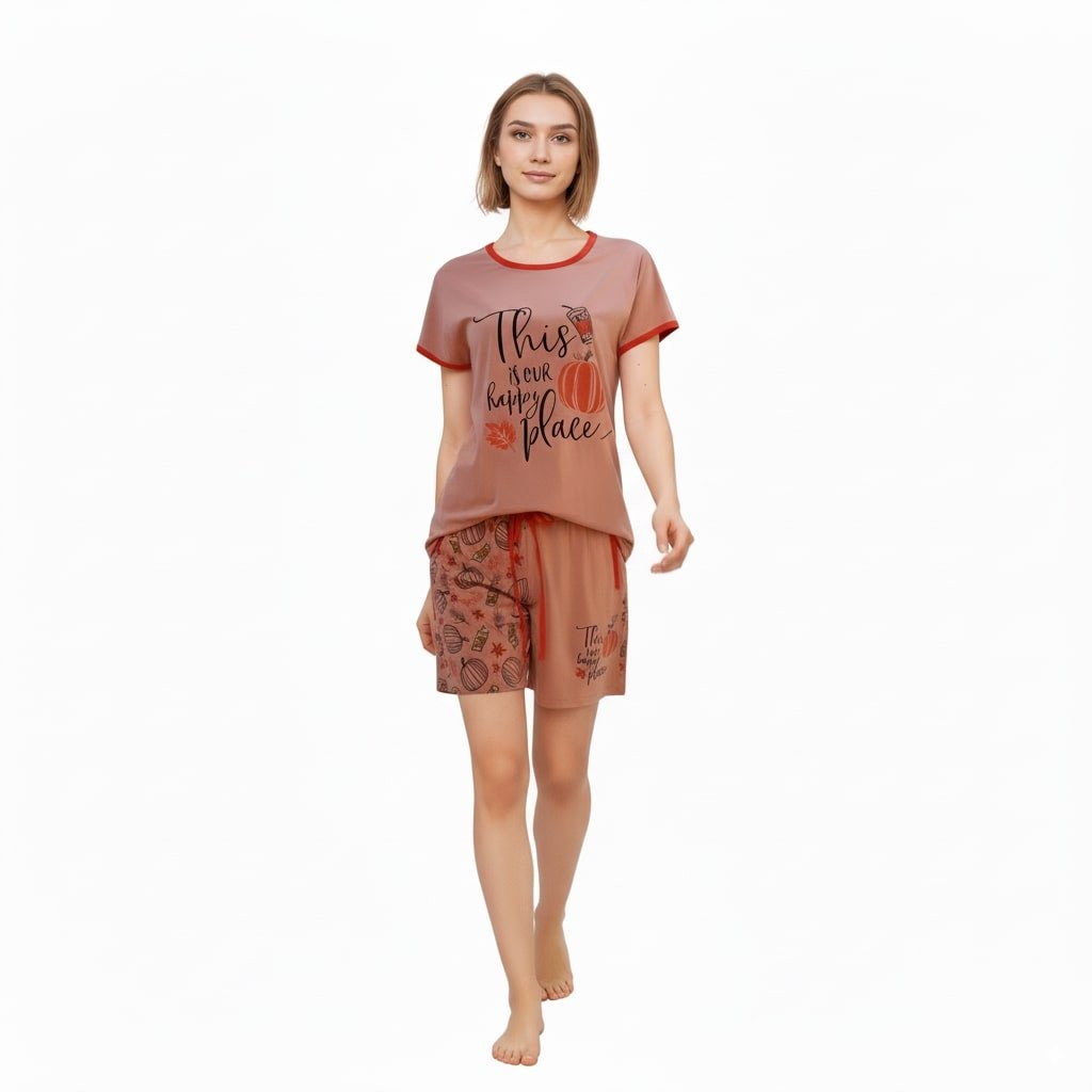 Women's Printed Cotton Lounge Set – "This is Our Happy Place" - Pink