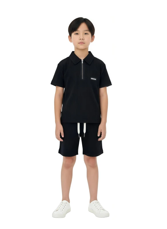 Boy's  Ribbed Polo & Shorts Set - Black
