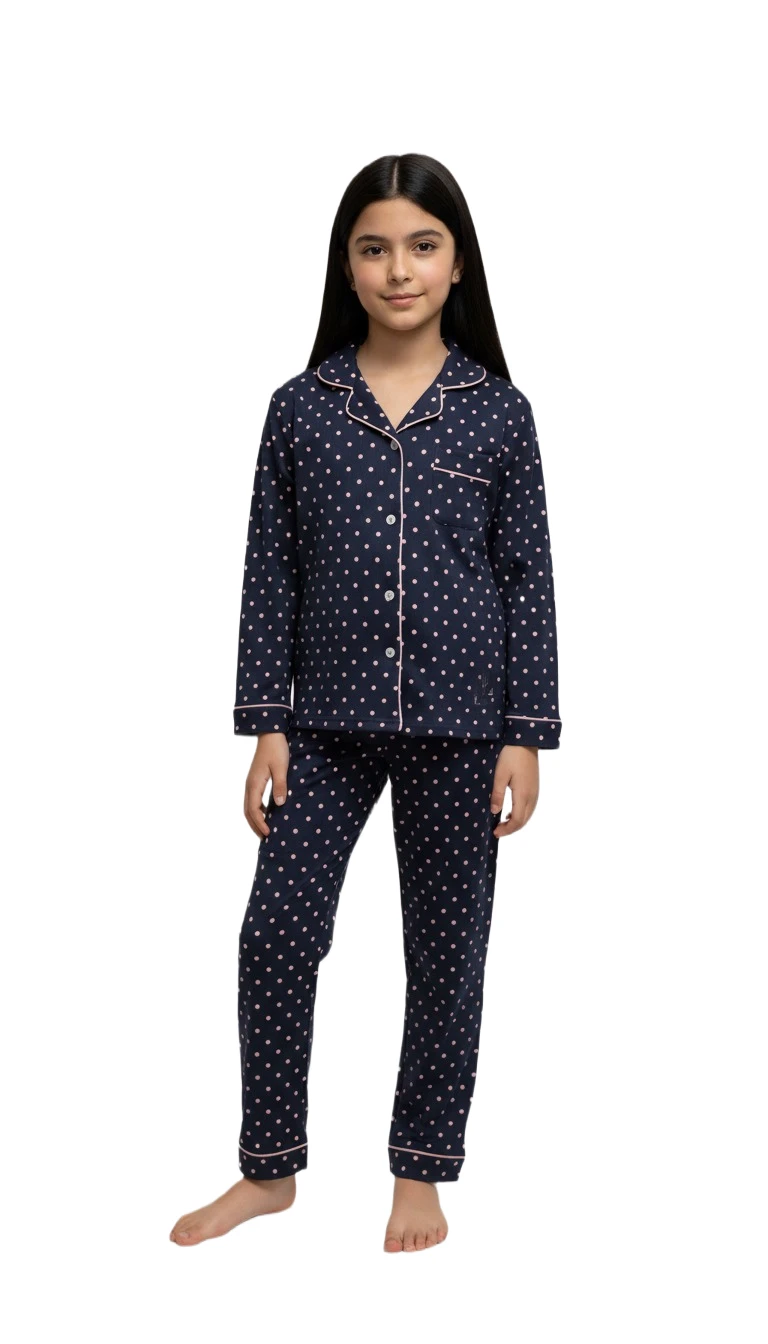 F881412T Long Sleeve Polka Dot Pajama Set - DarkBlue