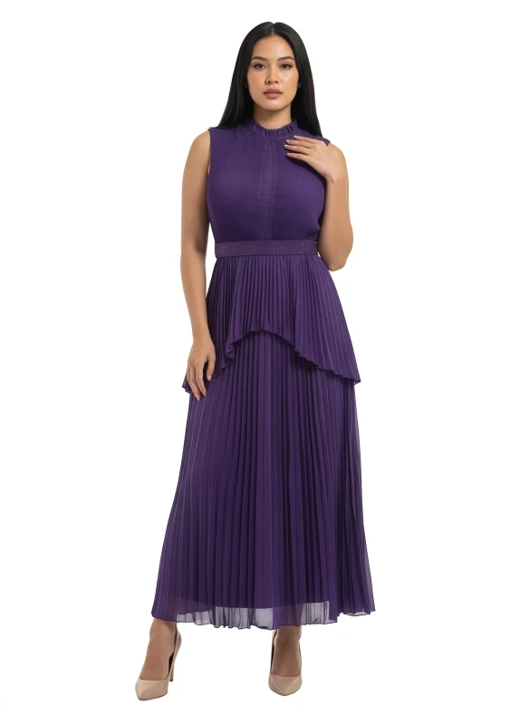 Women's Crystal Trim Mock Neck Pleated Dress - DarkViolet