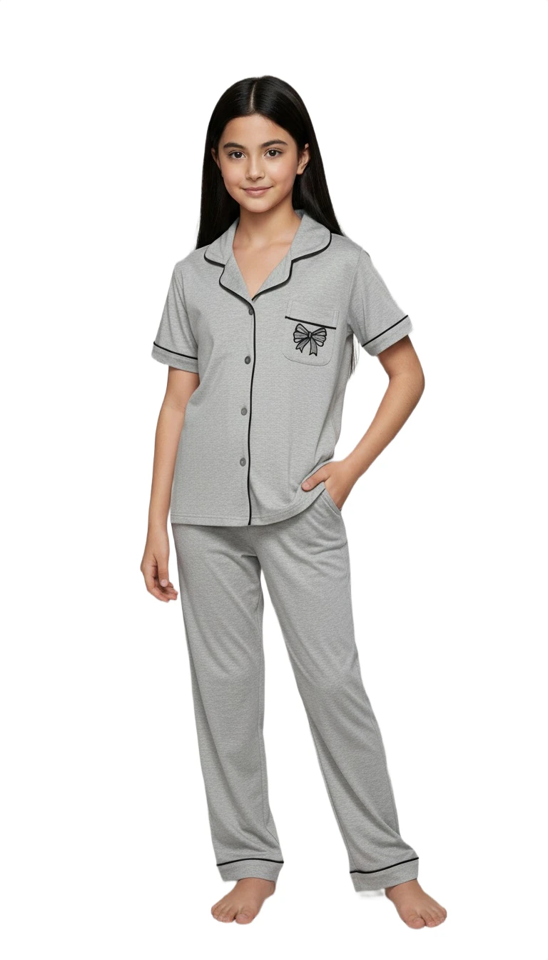 F881411T Bow Detail Pajama Set - Gray