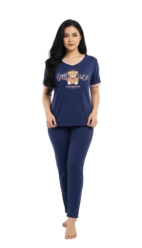 Ladies' "Good Luck" Teddy Bear Print Pajama Set - Blue