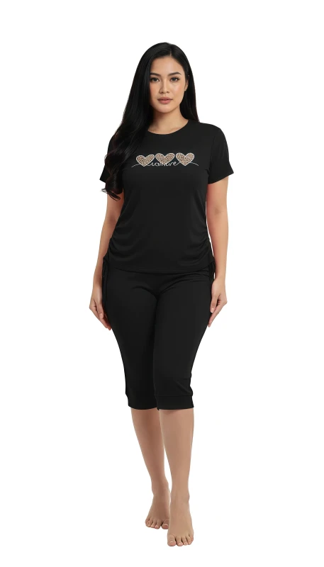 Ladies' "Love" Heart Print Cap Sleeve & Capris Pajama Set - Black