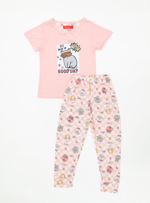 Good Day Cartoon Cat Pajama Set - Pink