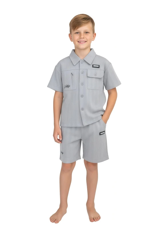 Boy's Monochrome Ribbed Shirt and Short Combo - Gray