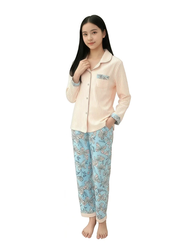 Girl's Floral & Stripe Sleepwear Set - PeachPuff