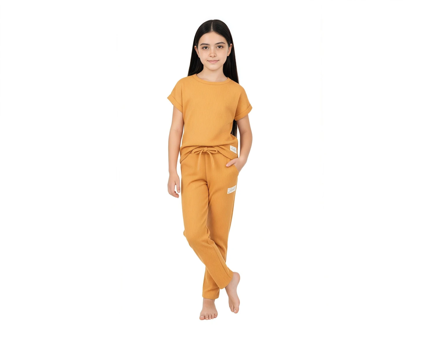 Girls'  Ribbed T-Shirt and Drawstring Pants Set - LightBrown
