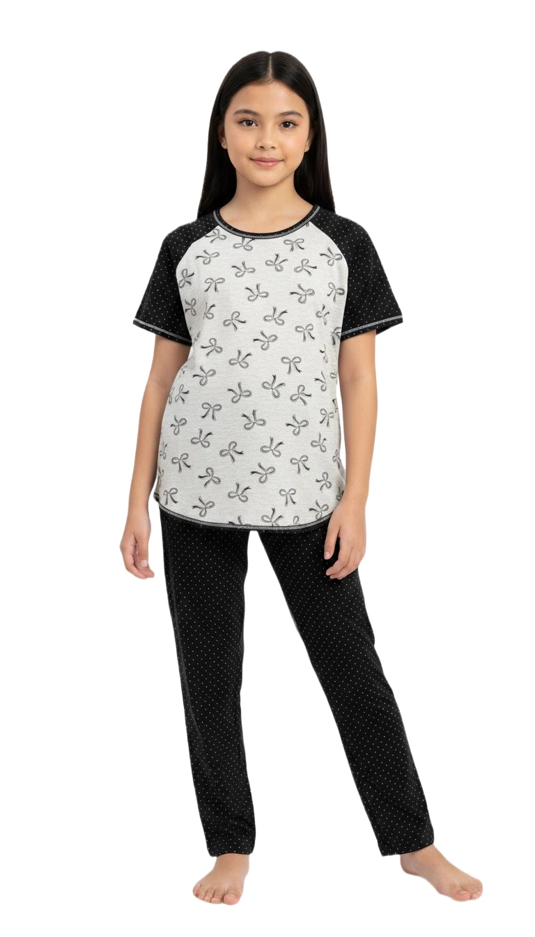 "Sweet Bows & Dots Girls' PJ Set" - LightGrey