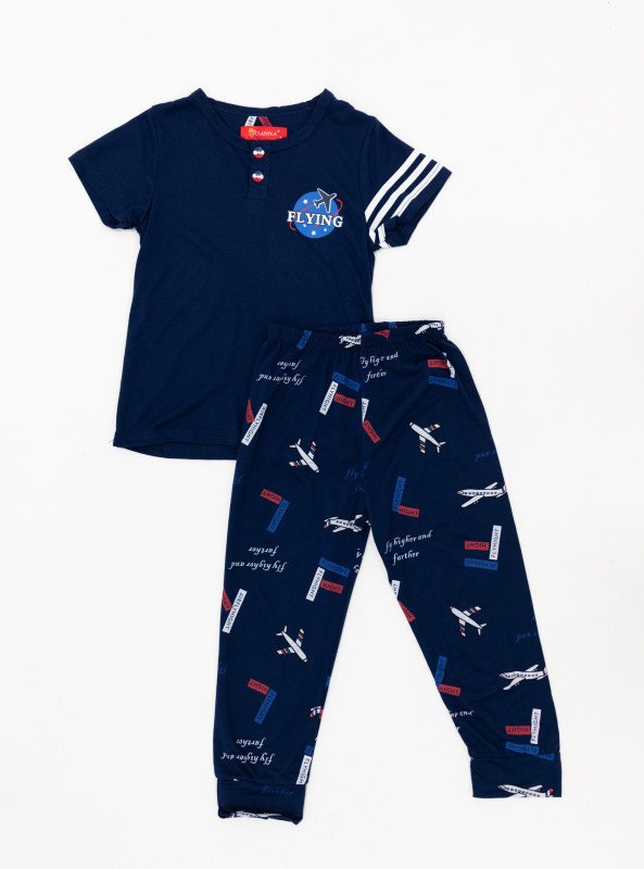 Boys' Airplane Print Pajama Set – Short Sleeve Top & Full-Length Pants - MidnightBlue