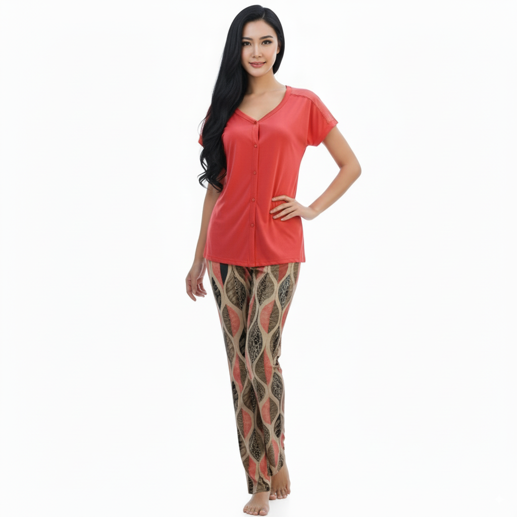 Women’s Printed Pajama Set with Lace Shoulder Detail - Pink
