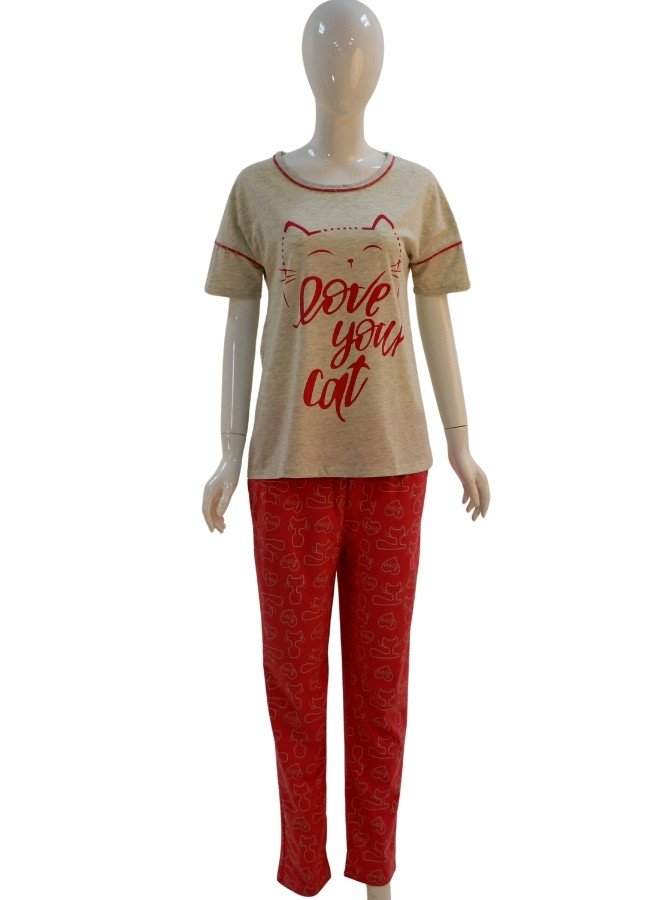 Women's "Love Your Cat" Cotton Pajama Set - LightGrey
