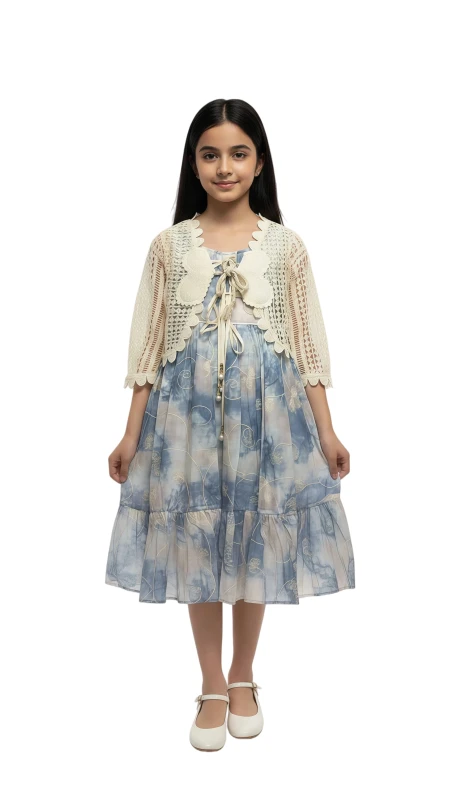 Girls Summer Sky Dress & Crochet Cover-Up - Blue