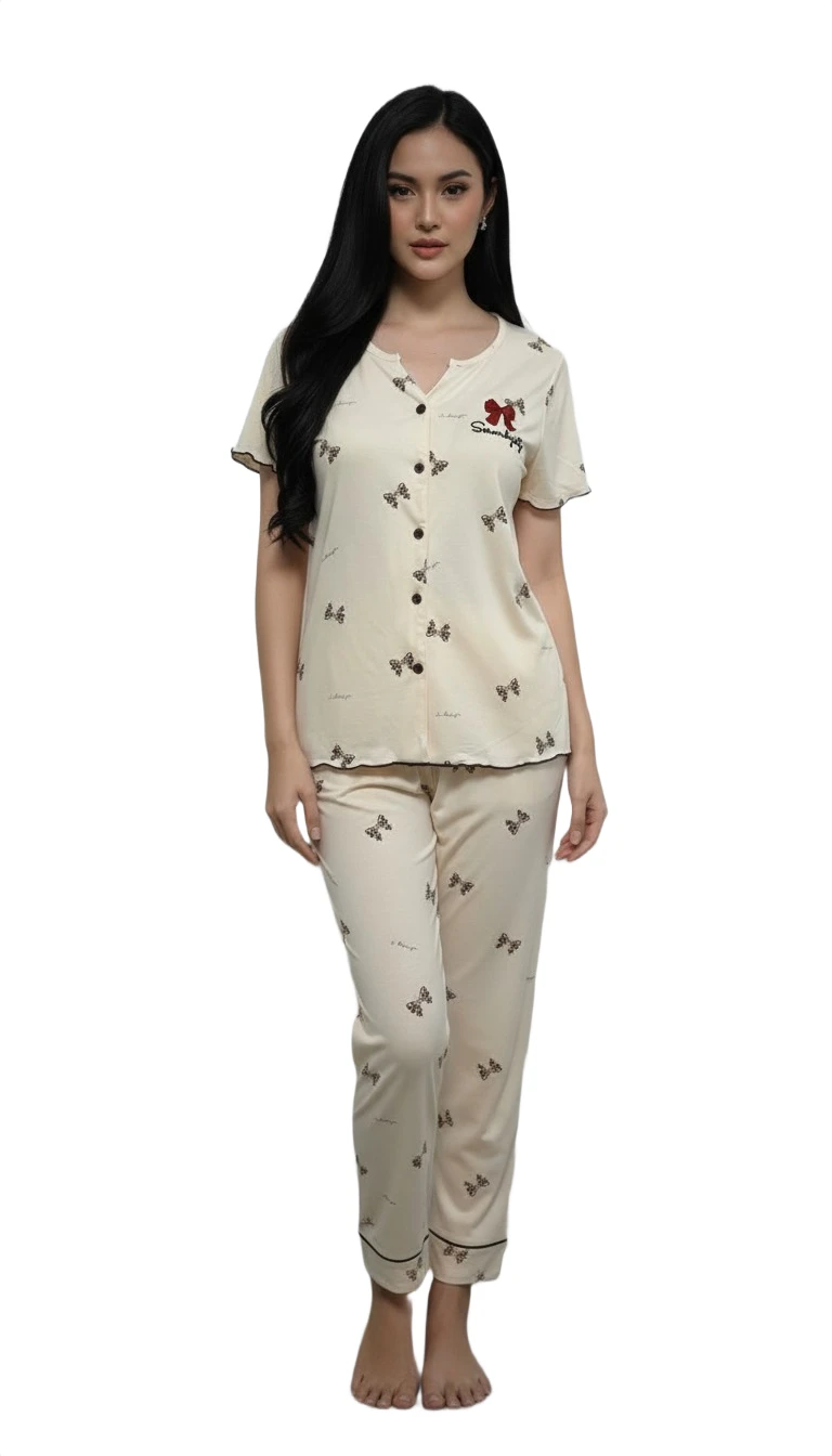 Women's Butterfly Print Pajama Set - Beige