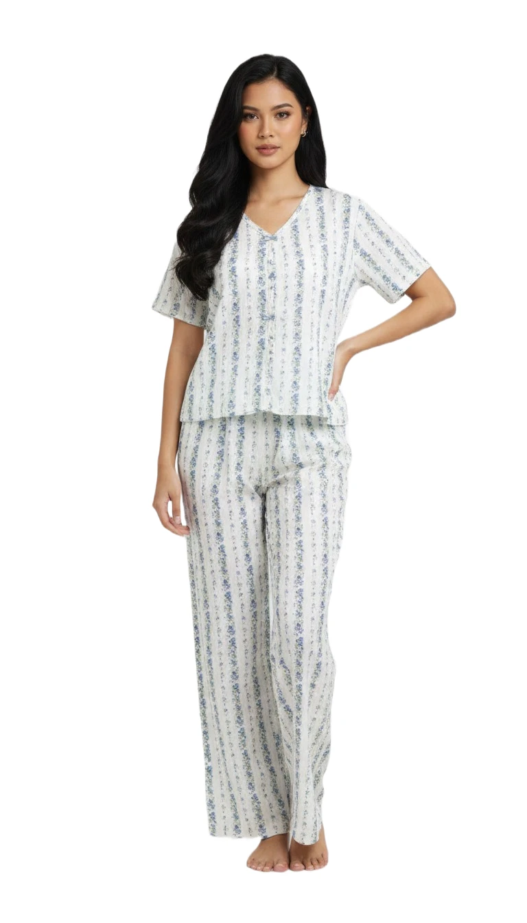 Ladies' Blue Floral Stripe Pajama Set - Blue