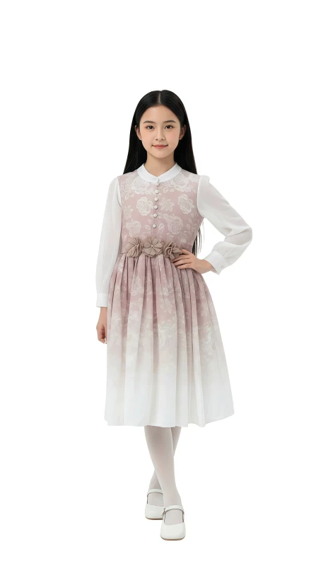 Girl's Floral Ombre Belted Dress with Long Sleeves - Pink