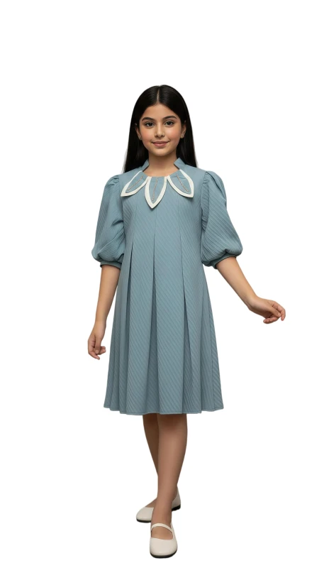 Girls' Pleated A-Line Dress with Petal Collar - LightSeaGreen
