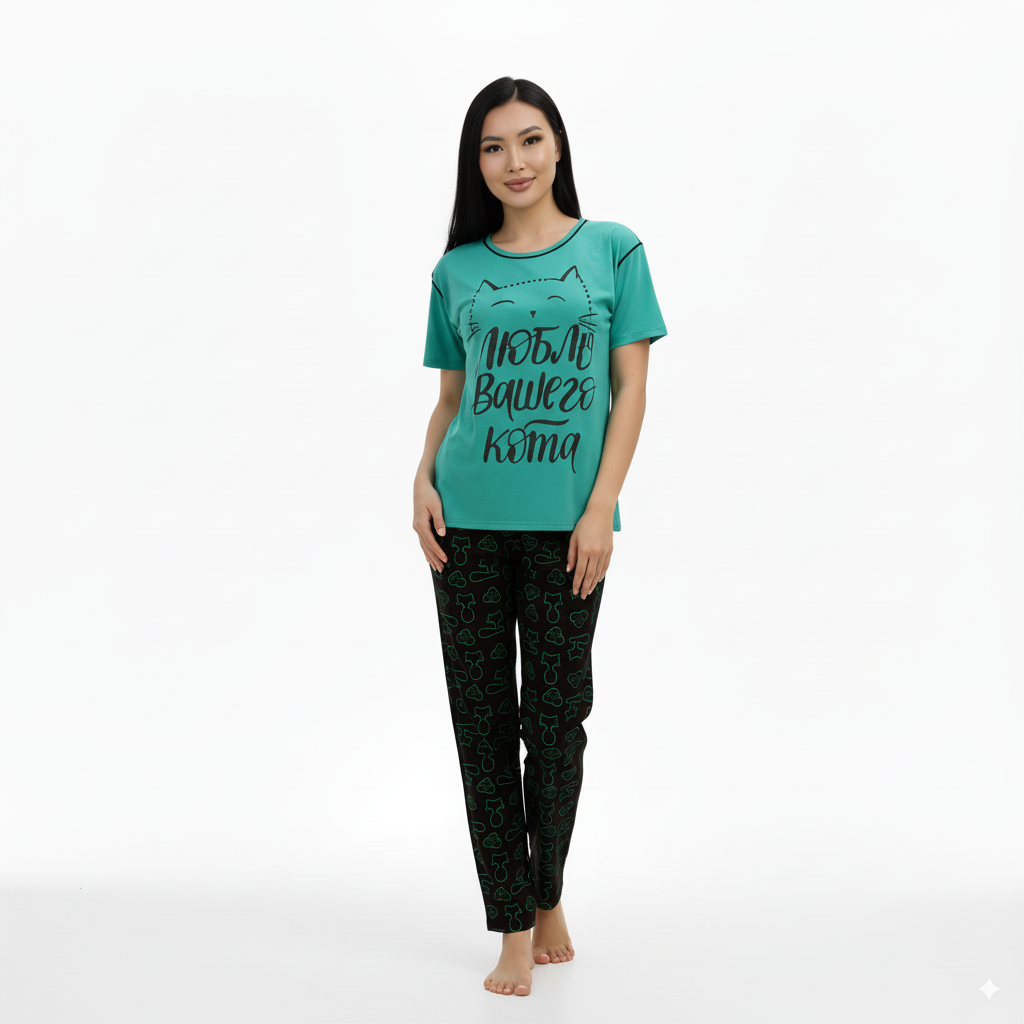 Women's "Love Your Cat" Cotton Pajama Set - LightSeaGreen