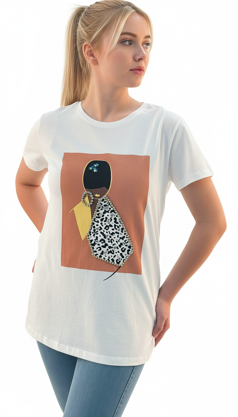 Women's Lady Design Round Neck Short Sleeve T-Shirt - White
