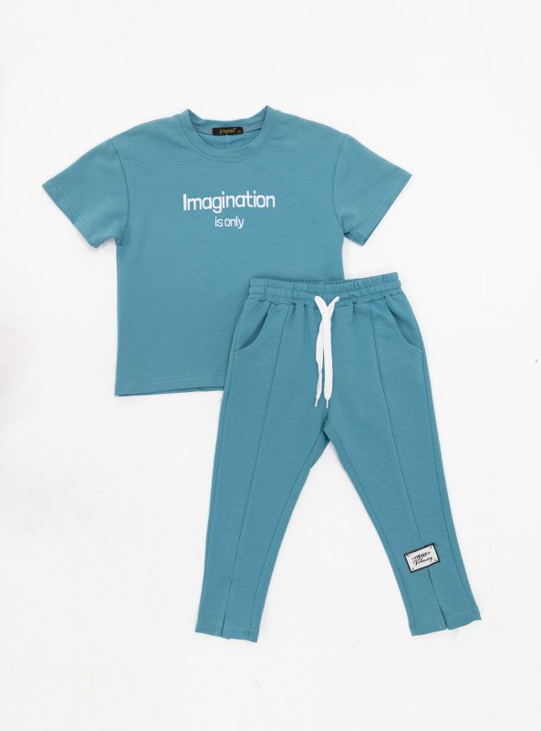 Girls’ Cotton T-Shirt and Jogger Pants Set – “Imagination” Print - SkyBlue