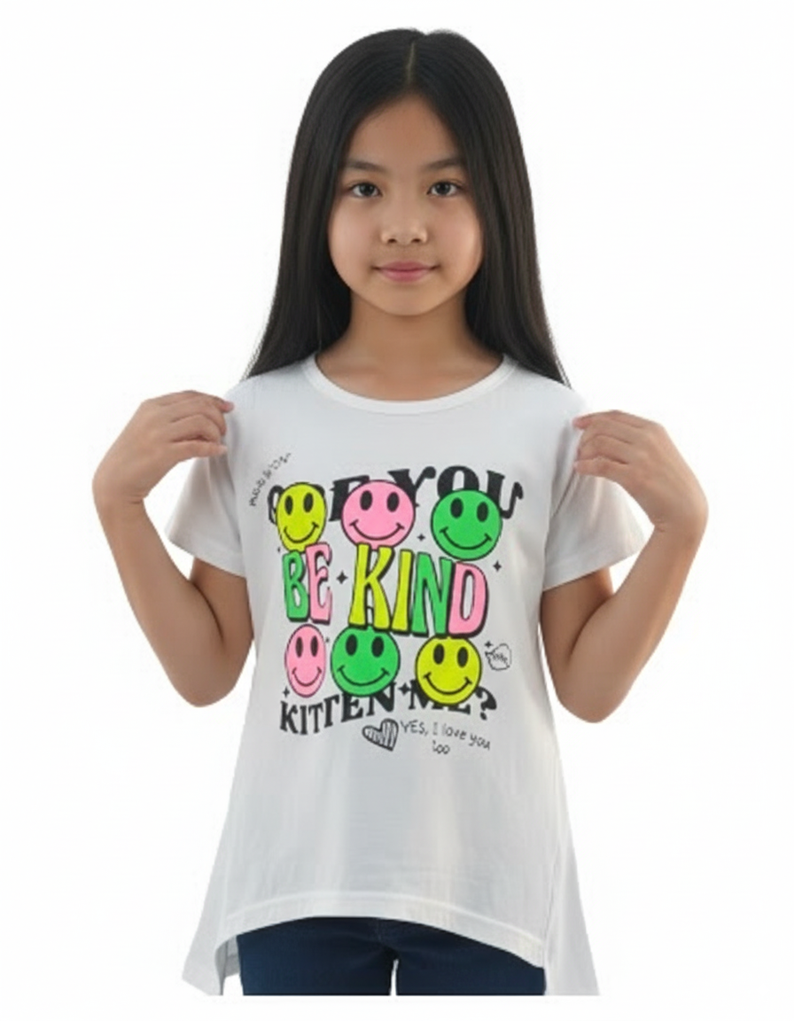Girl's Smiley with Be Kind Print Round Neck Long Back Short Sleeve T-Shirt - White