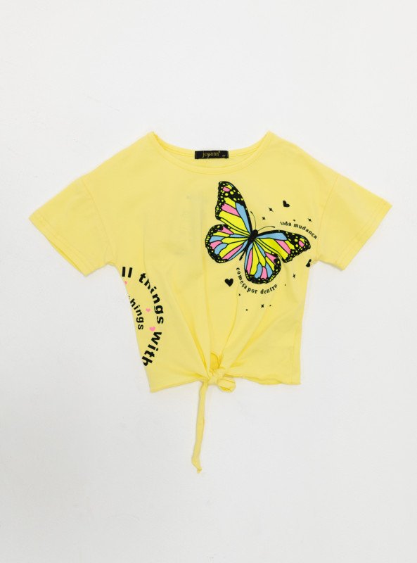Butterfly Tie-Front Graphic Tee for Girls - Yellow
