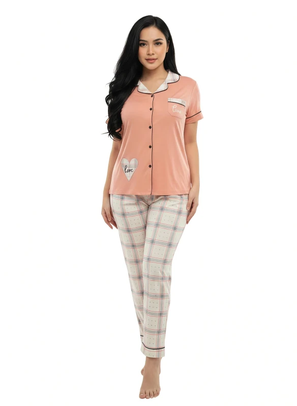 Women's Love & Plaid Comfort Pajama Set - DarkOrange