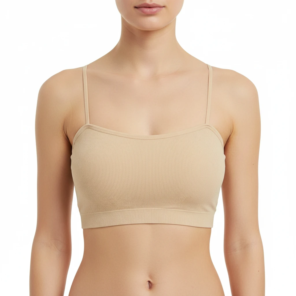 A2120373 Women's Seamless Ribbed Spaghetti Strap Bralette - Minimalist Nude Crop Bandeau Top - Beige