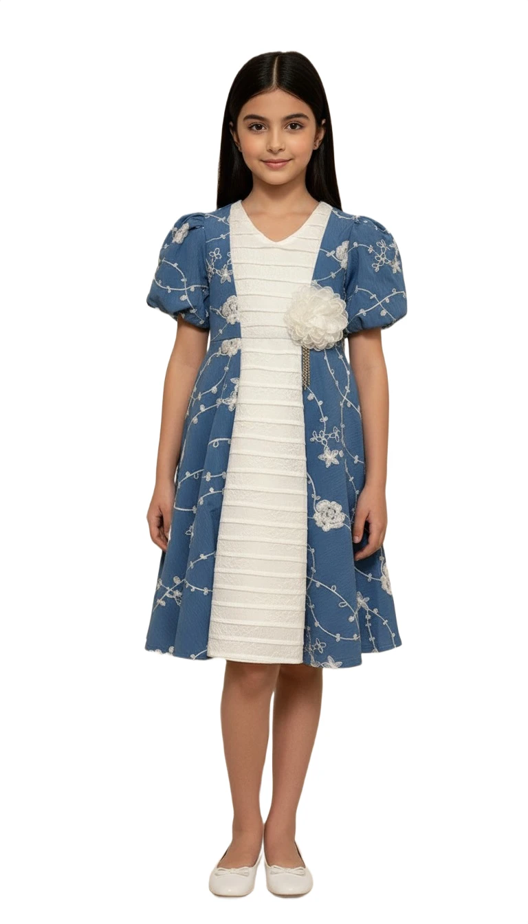 Floral Puff Sleeve Dress - Blue