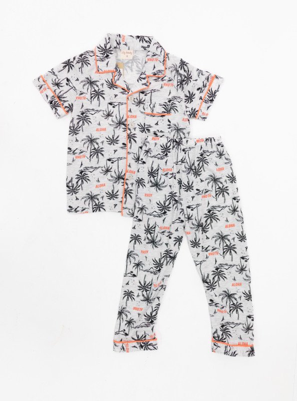 Boys' Aloha Palm Tree Pajama Set – Button-Up Tropical Shirt & Full-Length Pants - LightSlateGray